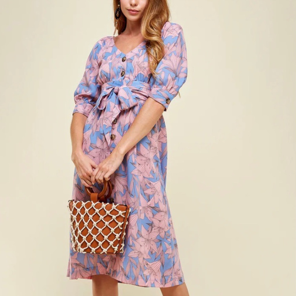 Floral Printed Button Down Midi Dress | Bubble Half Sleeves | Wide Strap Belt |